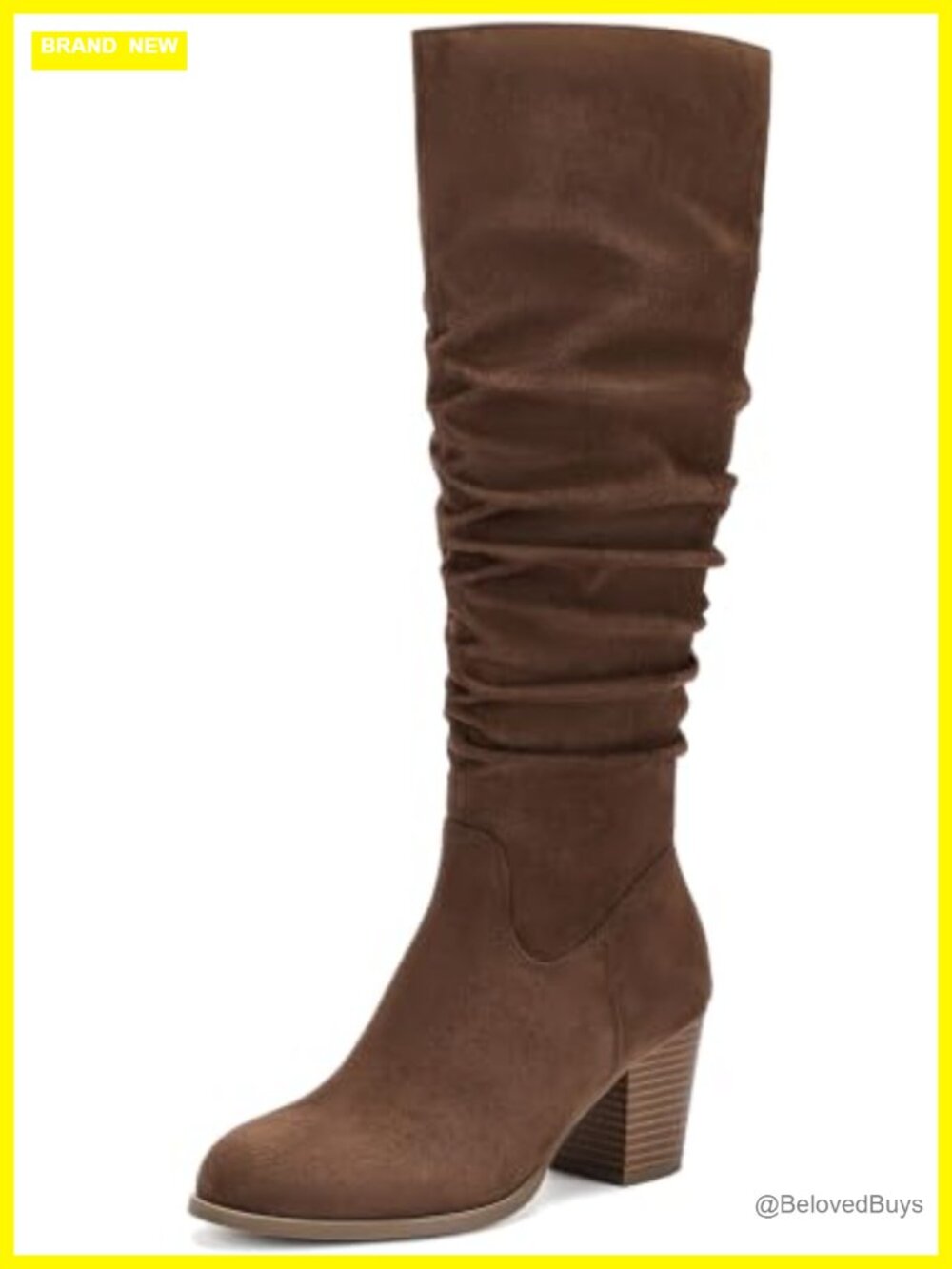 Wide Calf Slouchy Knee High Boots Faux Suede Chunky Heel Side Zip